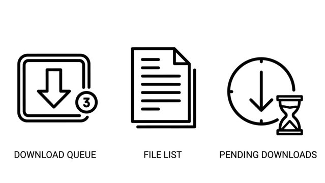 Set of digital interface icons for download management including file list and pending task indicator with download interface software transfer internet management application technology