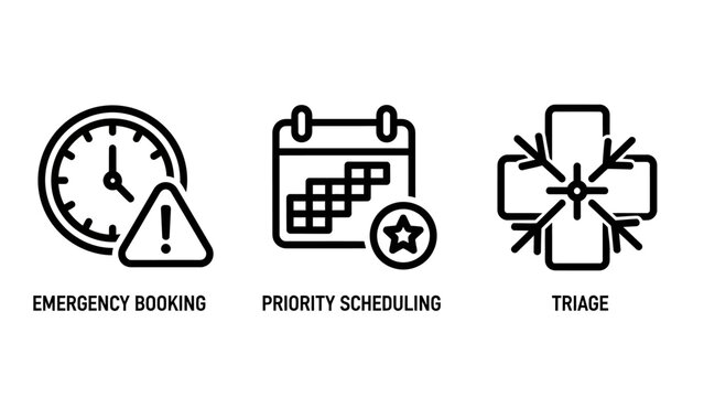 Medical scheduling and healthcare triage concept icons featuring emergency booking and priority planning scheduling healthcare emergency priority planning hospital calendar appointment