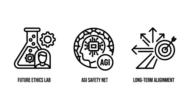 Artificial general intelligence ethics safety and long term strategic alignment concept icons with alignment intelligence technology research development strategy computer programming advanced