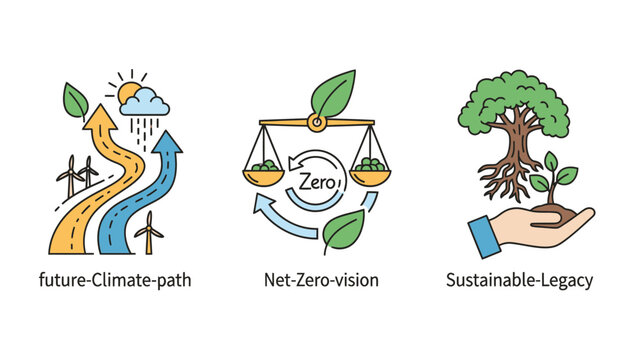 Environmental sustainability and climate action icons representing carbon net zero and sustainable growth with sustainability environment sustainable protection conservation resources awareness