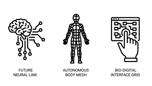 Future neural link autonomous body and bio digital interface line icons with interface technology biotechnology cybernetic connection computer innovation intelligence advanced research