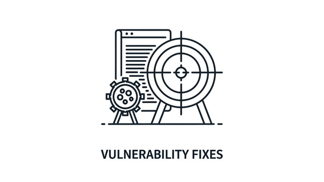 Cybersecurity icon for vulnerability fixes showing target and system security with vulnerability security protection software analysis management improvement business computer solution