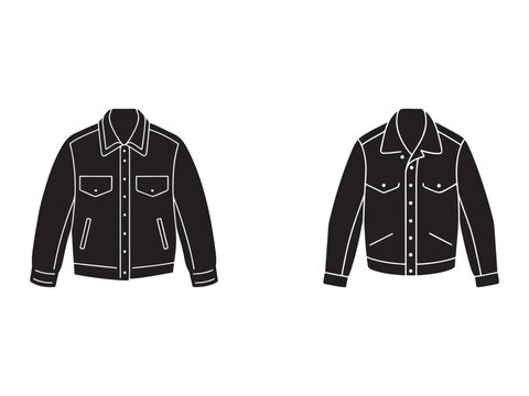 Two classic denim jackets with button front and two breast pockets  simple black and white line art illustrations of casual outerwear for fashion or design concepts