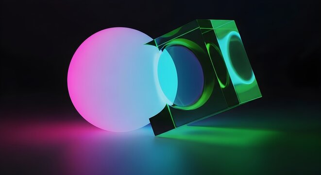 A futuristic glowing orb emits vibrant light through a sleek metallic device in a dark room.