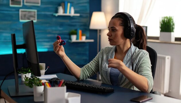 Woman wearing headphones working on computer and holding a fidget spinner.