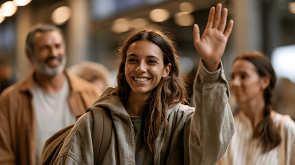 Obraz premium Woman Waving Goodbye at Airport: A young woman with a bright smile waves to someone as she navigates a busy airport, embarking on a new journey.