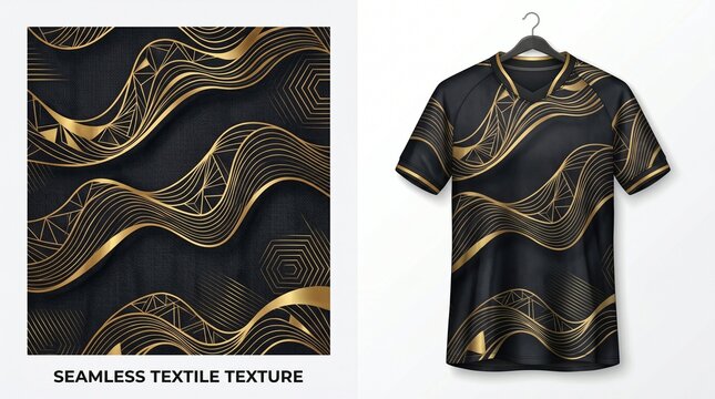 Premium sports jersey vector template in elegant black with luxury gold wave lines and abstract hexagonal patterns, perfect for exclusive team uniforms or trendy casual wear.
