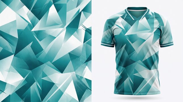 Professional sports jersey design template featuring a geometric abstract triangle pattern in teal, white, and grey, displaying a dynamic and sporty look for football or marathon team uniforms.