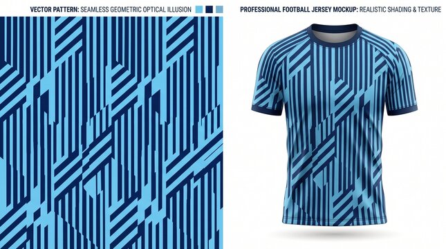 Premium football jersey design featuring a geometric optical labyrinth pattern with abstract stripes in dark blue, light blue, and white, giving a modern and tactical look for sports teams.