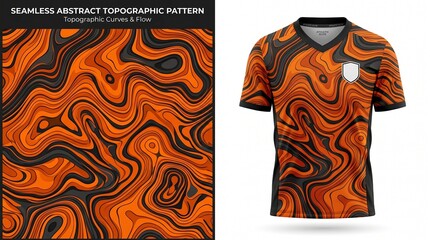 Fototapeta premium Professional sports jersey design template featuring an abstract liquid marble wave pattern in vibrant orange, black, and grey, delivering a bold, dynamic, and energetic look.