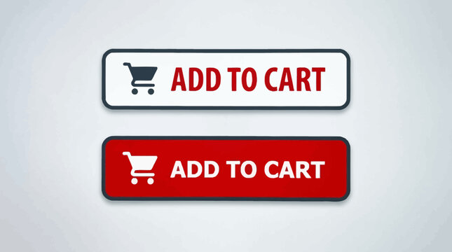 Rectangular e‑commerce buttons with shopping cart icons labeled ADD TO CART, contrasting white and red designs for online retail interface&hellip;
