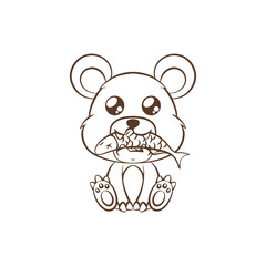 Cute black and white Cartoon Bear Cub Holding Fish Illustration - Kawaii Animal Vector black and white Line Art for Coloring Book © Kusuma Gy
