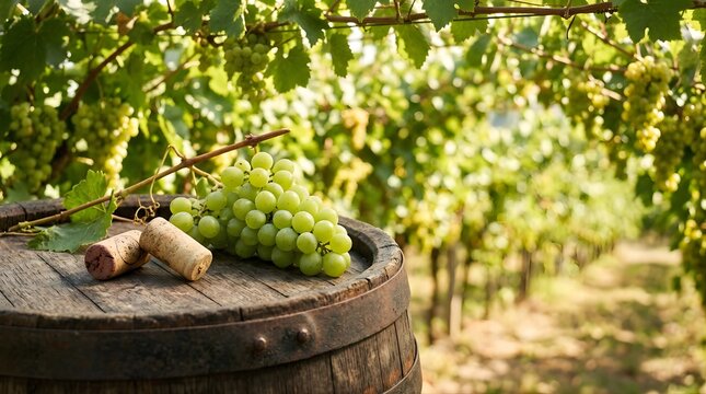 Green grapes and wine corks on a wooden barrel in a sunny vineyard