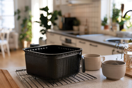 An empty air fryer basket sits on a wire rack, glistening with moisture, in a bright kitchen filled with houseplants, evoking a sense of cleanliness and preparation.