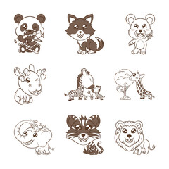 Obraz premium Set of 9 Cute Kawaii black n white line Animal Icons - Minimalist Brown Outline Safari and Zoo Animal Character Illustrations