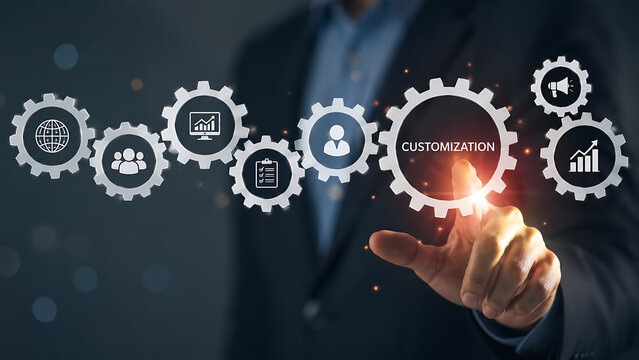 Businessman interacting with customization process gears interface representing workflow automation strategy and digital business optimization concept