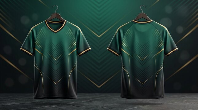 Professional sports jersey mockup in forest green with black gradient and minimalist gold line accents, showcasing a premium V-neck design for football or golf team uniforms.