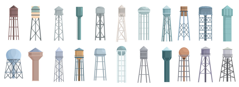 water tower icons set cartoon vector industrial tank 