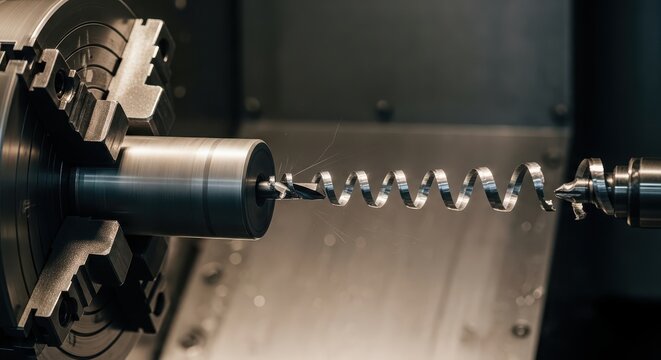 Metal chip spiral produced by a lathe machine during a drilling process