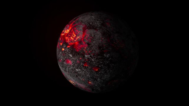 Rotating molten lava planet in deep space, volcanic exoplanet animation