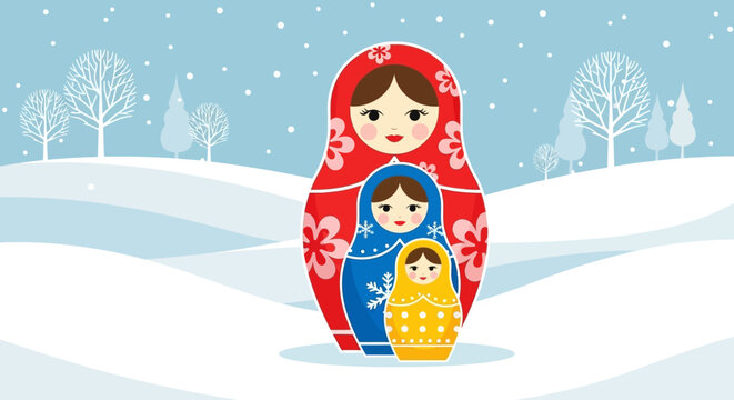 Matryoshka dolls on snowy winter landscape background