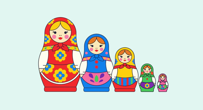 Matryoshka dolls in a row, traditional Russian nested dolls, children's toys, folk art