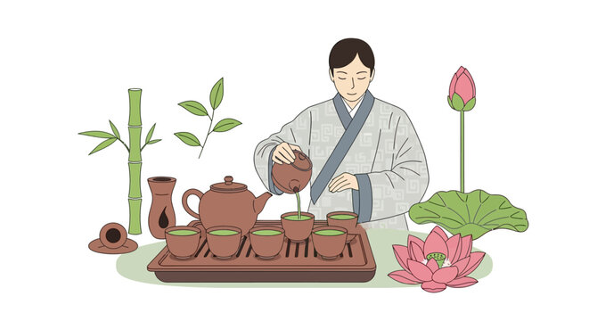 Traditional Tea Ceremony: Person Pouring Tea Amidst Lotus and Bamboo
