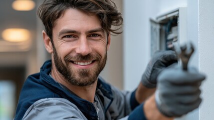 Obraz premium Skilled technician with tool in hand, confidently smiling while working on electrical panel