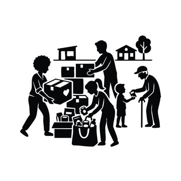 Group of diverse people volunteering together by sorting donated goods.