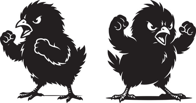 Angry cartoon chicks raising fists black vector silhouette illustration with silhouette fighting aggressive background