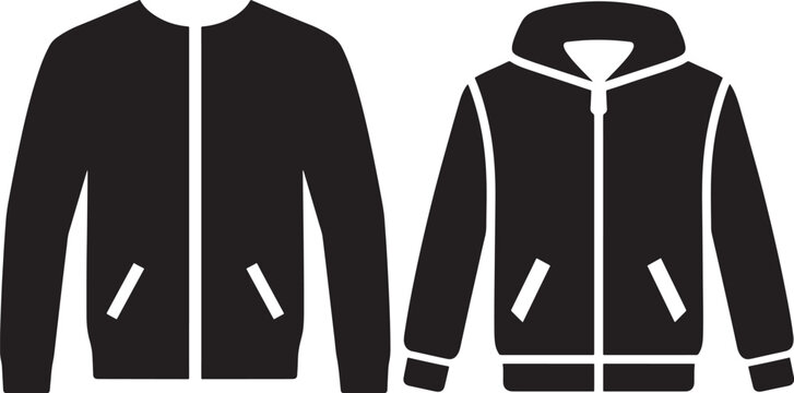 Mens zippered bomber jacket and hooded sweatshirt black vector silhouette set with clothing silhouette outerwear isolated