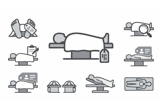 Grey Dead Body with Identification Tag Morgue Table Medical Icon Vector Set
