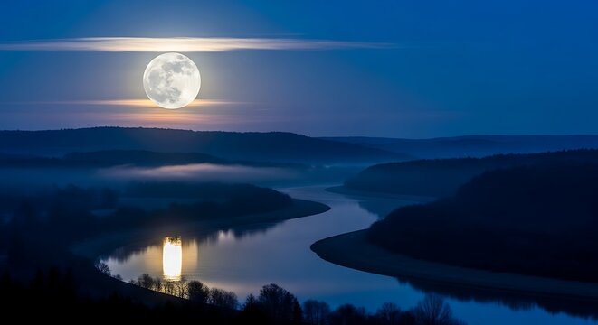 Full moon rising over a winding river valley at night.
