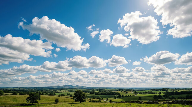Serene sky over rolling green fields with fluffy clouds blue