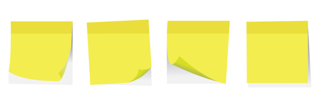 Sticky note with duct tape and a bent corner, post it note paper, memo reminder, sticky paper note. Isolated Sticky Note Illustration Set Yellow Memo Paper Collection with Tape Clip and Fold Effects.