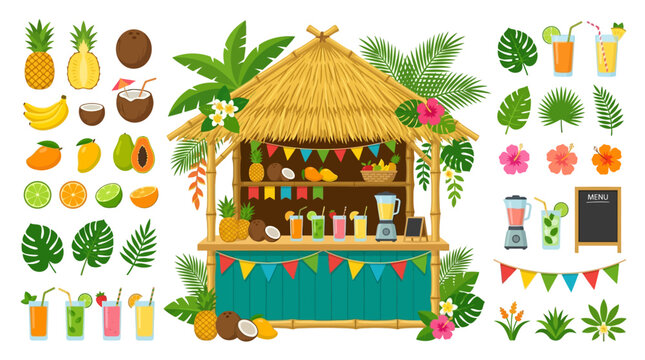 Tropical bamboo tiki juice bar hut with coconuts and pineapples for summer beach bazaar branding and luau party layout designs