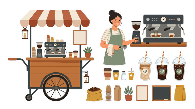 Mobile coffee cart with espresso machine and iced coffee cups for local street market promotions and popup cafe graphics