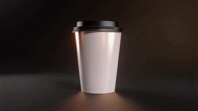 A white disposable coffee cup on a dark background.
