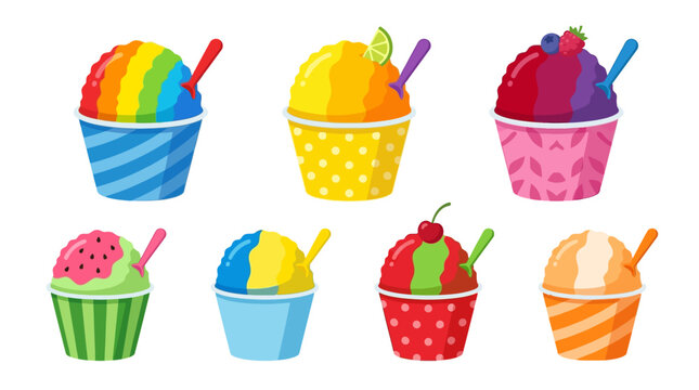 Colorful summer shaved ice snow cones in paper cups for food truck dessert menus and carnival sweet snack graphics