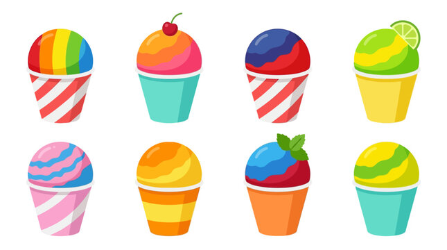 Colorful summer shaved ice snow cones in paper cups for food truck dessert menus and carnival sweet snack graphics