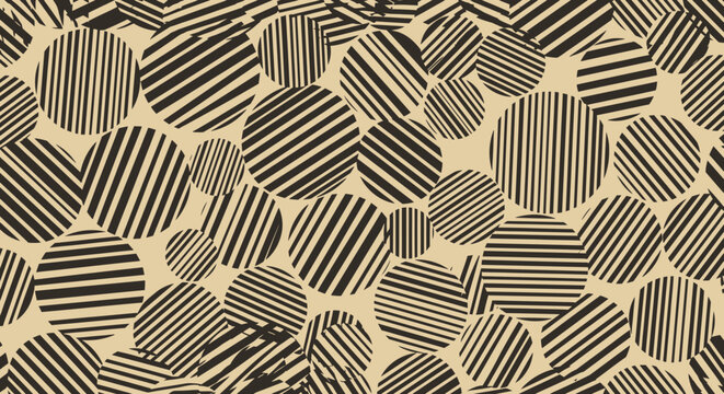 Abstract Geometric Circles Pattern, Black Stripes on Beige Background