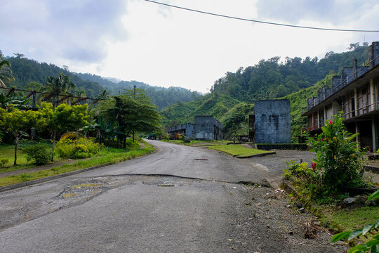 Buildings and street road view of Panguna mine town in Bougainville, Papua New Guinea