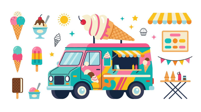 Retro ice cream truck van with soft serve cone graphic for summer food bazaar marketing and mobile dessert catering branding