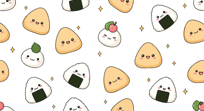 Cute and playful pattern featuring smiling rice balls and seaweed on a white background for food-themed designs