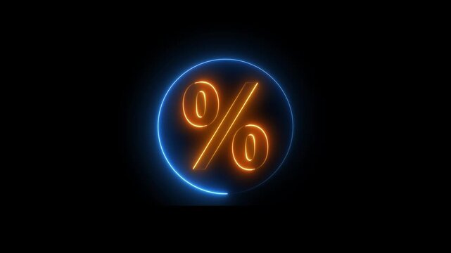 Neon percentage sign icon animation glowing orange and blue color business discount offer coupon tags sign symbol on black background
