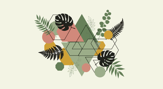 Botanical Geometric Abstract Design with Tropical Leaves & Shapes