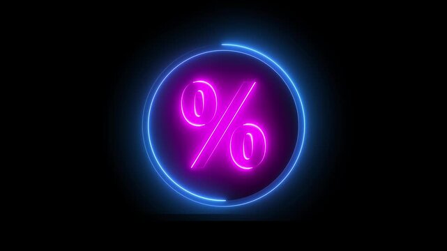 Neon percentage sign icon animation glowing pink and blue color business discount offer coupon tags sign symbol on black background