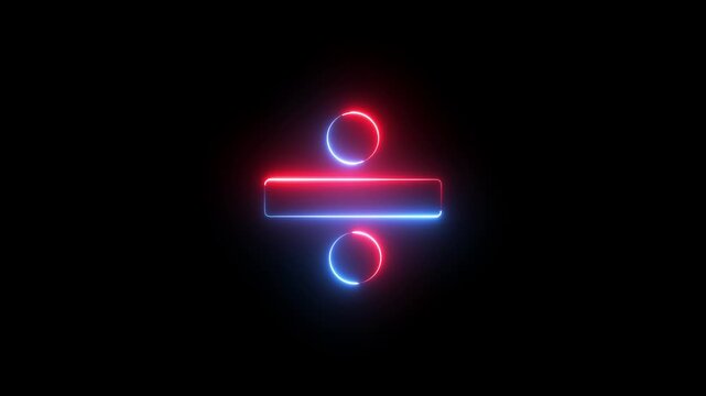 Neon division sign icon animation glowing red and blue color education mathematic finance calculation accounting sign symbol on black background