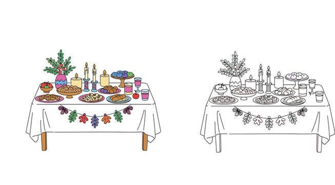 Jewish Rosh Hashanah Holiday Feast Table Set with Apples Honey Challah Bread Candles and Pomegranate Branch Decorations - Colored and Outline Vector Illustration for Coloring Page