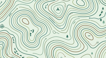 Fototapeta premium Topographic Map Pattern with Hiking Icons